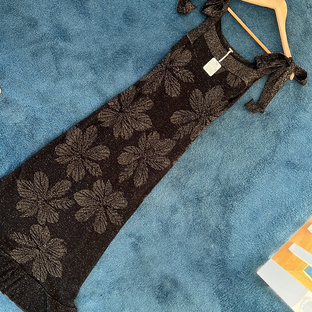 Free People NWT black with gold flower prints midi cocktail dress